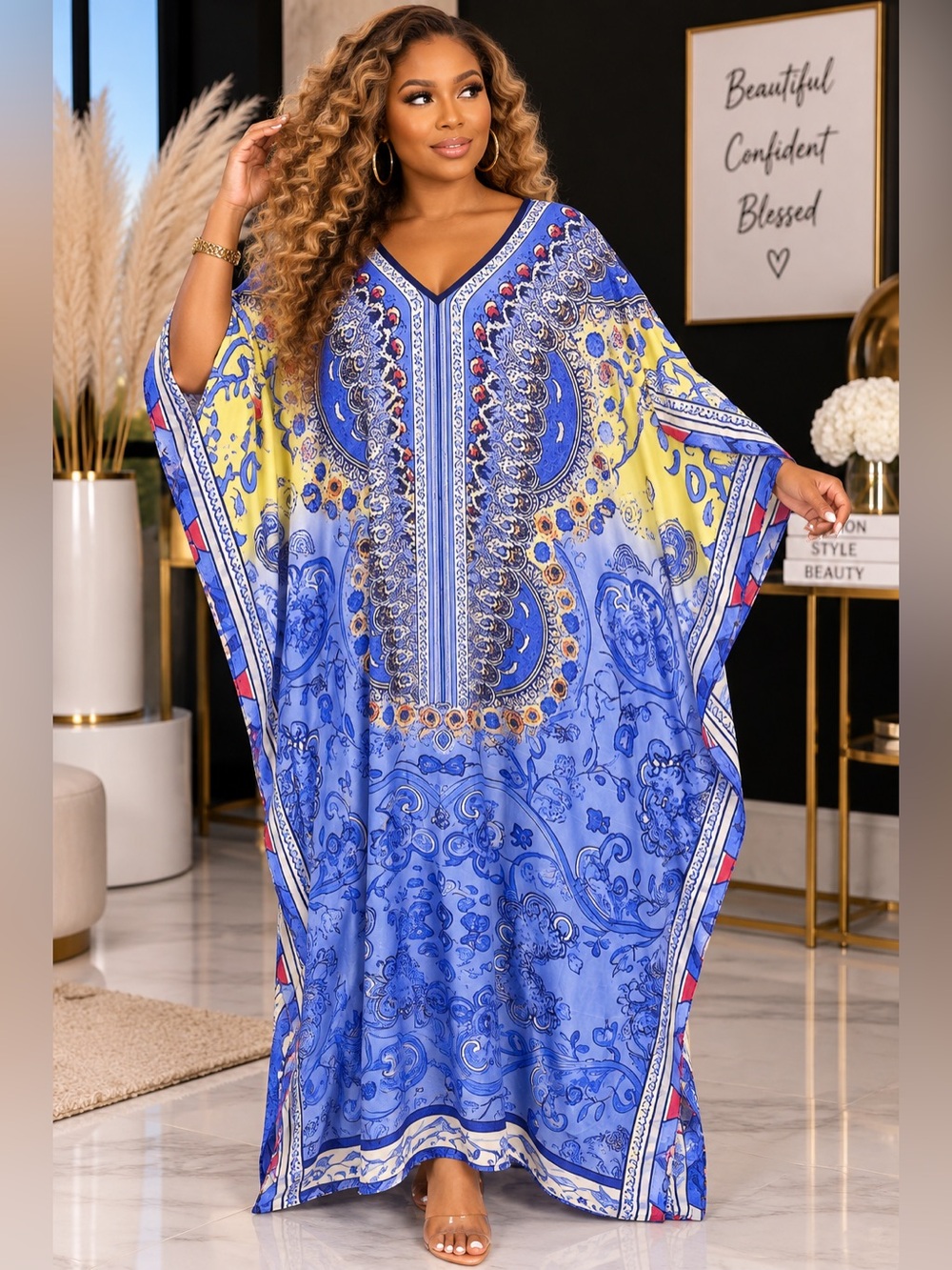Women’s Blue Floral V-Neck Kaftan Cover-Up